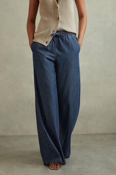 Denim Look Wide Leg Trousers in Mid Blue