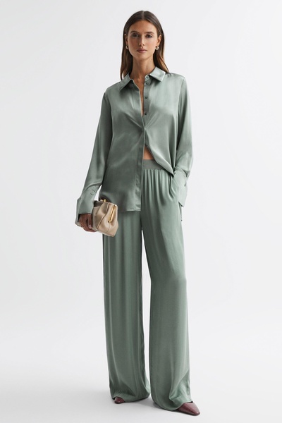 Petite Wide Leg Elasticated Waist Trousers in Sage