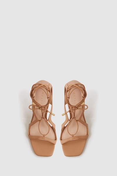 Leather Strappy High Heel Sandals in Biscuit