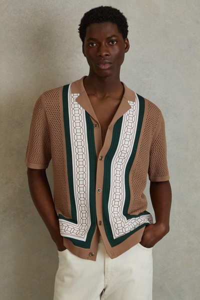 Embroidered Cuban Collar Shirt in Camel/Green