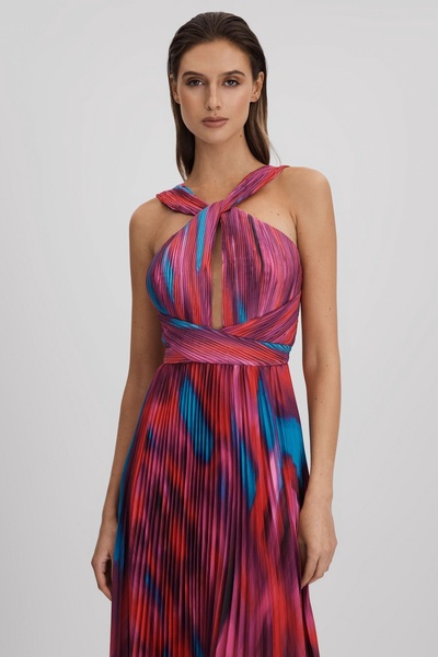 Amur Pleated Halter Neck Maxi Dress in Fire Ice