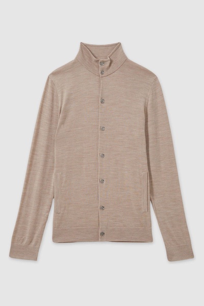 Merino Wool Button-Through Funnel Neck Cardigan in Wheat Melange