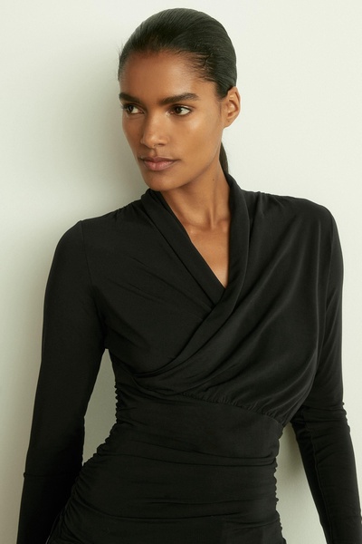 Mesh Wrap-Neck Ruched Top in Black