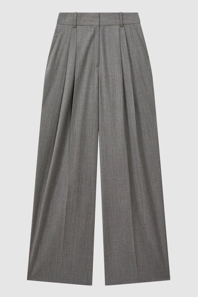 Wool Blend Pinstripe Wide Leg Trousers in Grey