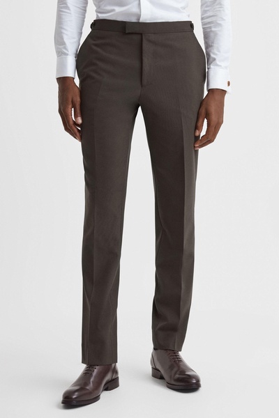 Slim Fit Wool Blend Side Adjuster Trousers in Chocolate