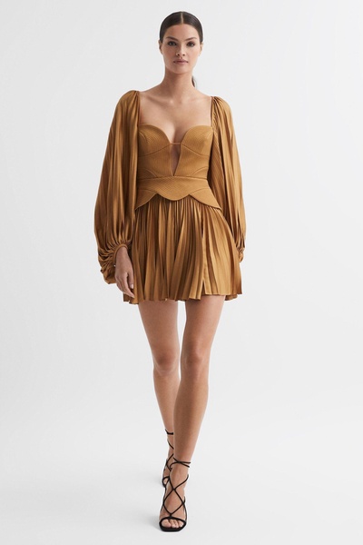 Acler Peplum Pleated Mini Dress in Gold