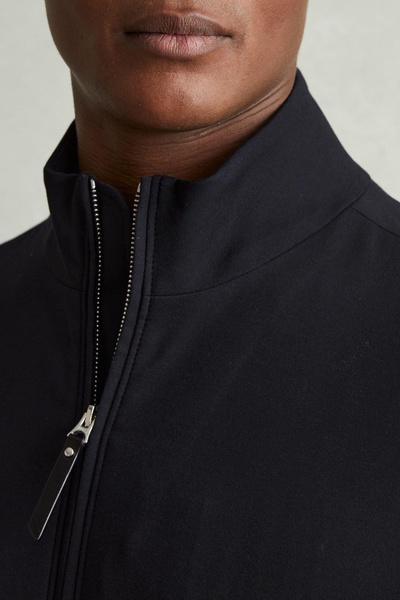 Elasticated Hem Zip-Front Bomber Jacket in Navy