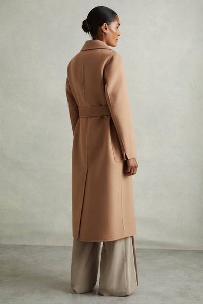 Wool Blend Double Breasted Blindseam Coat in Light Camel