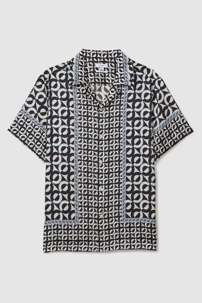 Geometric Print Cuban Collar Shirt in Lapis Blue