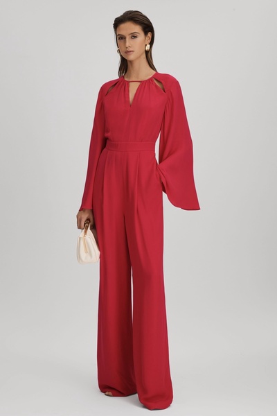 Cut-Out Flared Sleeve Jumpsuit in Coral