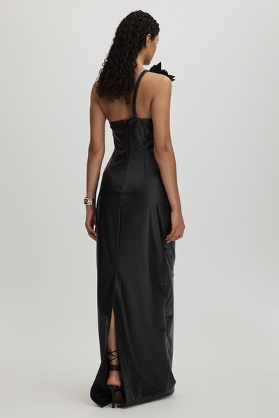 Halston Faux Leather One-Shoulder Maxi Dress in Black