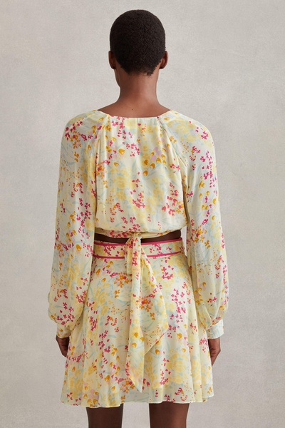 Floral Print Tie Waist Cropped Blouse in Pink/Yellow