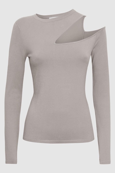 Fitted Cut-Out Long Sleeve Top in Stone