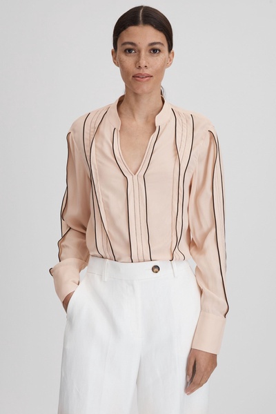 Contrast Trim Ruffle Blouse in Nude