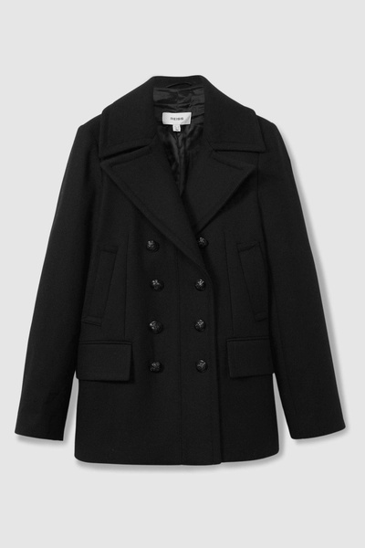 Wool Blend Double Breasted Pea Coat in Black