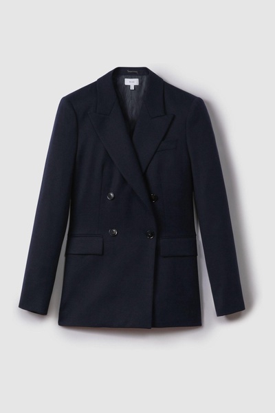 Wool Blend Double Breasted Suit Blazer in Navy