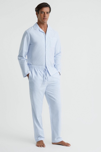 Striped Cotton Drawstring Pyjama Bottoms in Blue/White