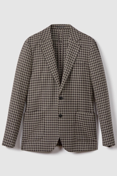 Wool Blend Check Single Breasted Blazer in Brown Multi