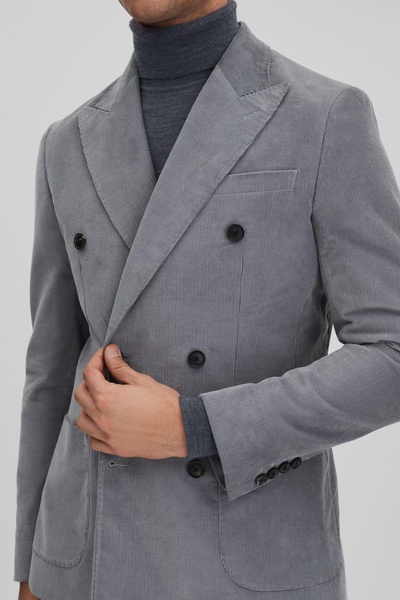 Slim Fit Corduroy Double Breasted Blazer in Ice Blue