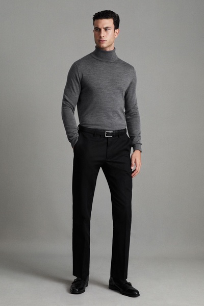 Slim Fit Merino Wool Roll Neck Jumper in Derby Grey Marl