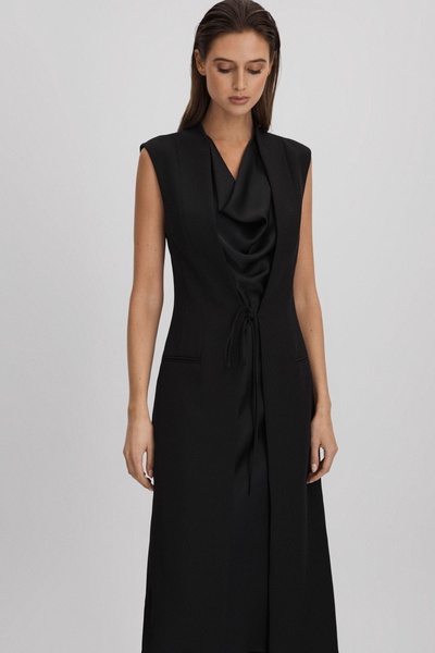 Halston Cowl Neck Wrap Midi Dress in Black