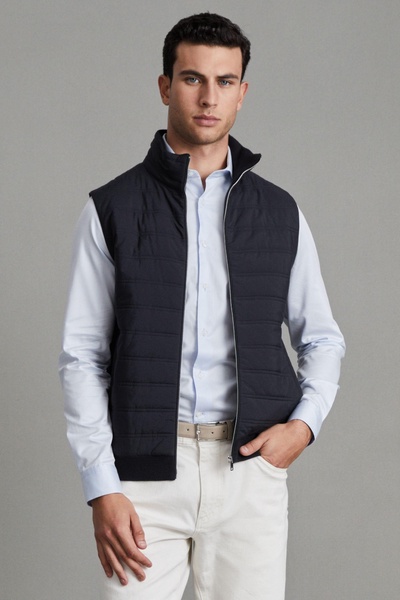 Hybrid Quilt and Knit Zip-Through Gilet in Navy