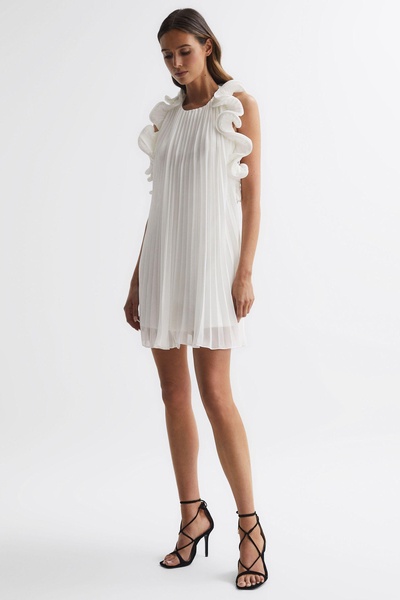 Amur Halter Neck Frill Mini Dress in Off White