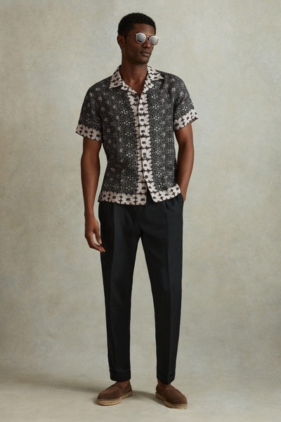 Linen Printed Cuban Collar Shirt in Black Multi