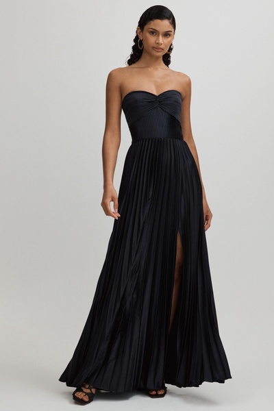 Stef Navy Amur Satin Pleated Maxi Dress