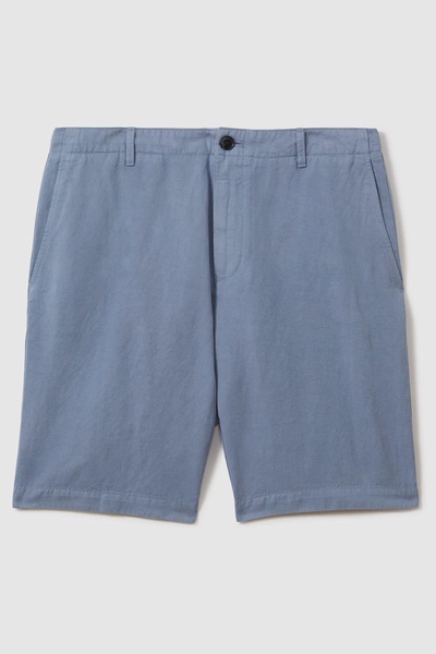 Cotton Linen Blend Internal Drawstring Shorts in Airforce Blue