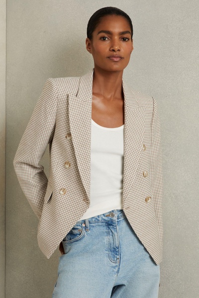 Petite Wool-Blend Double-Breasted Dogtooth Blazer in Beige Check