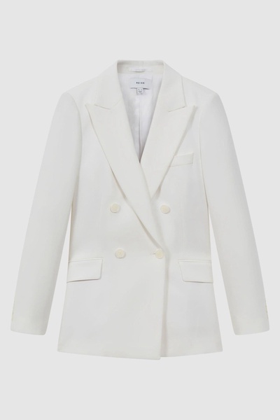 Petite Double Breasted Crepe Suit Blazer in White