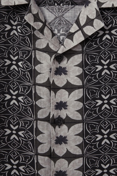 Linen Printed Cuban Collar Shirt in Black Multi