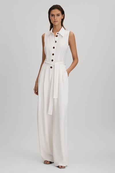 Petite Belted Wide Leg Jumpsuit in White