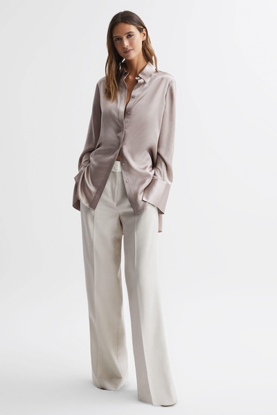 Oversized Silk Button Through Shirt in Champagne