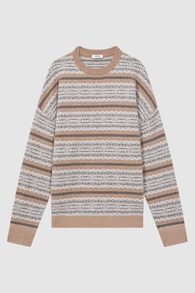 Wool Fairisle Pattern Crew Neck Jumper in Camel