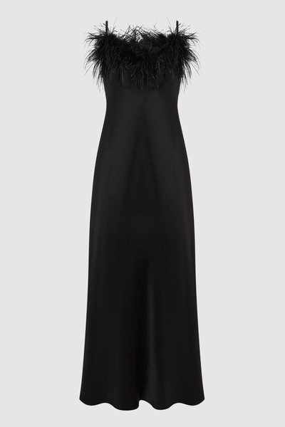 Sleeper Feather Midi Slip Dress in Black