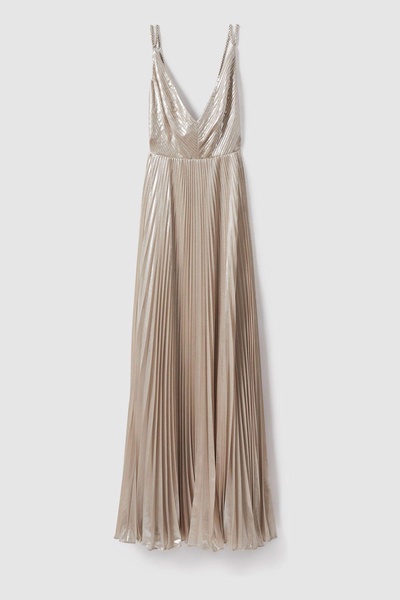 Halston Metallic Pleated Maxi Dress in Nude