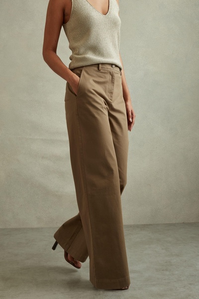 Cotton Blend Wide Leg Trousers in Dark Camel