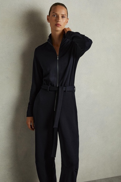 Belted Loopback-Jersey Jumpsuit in Navy