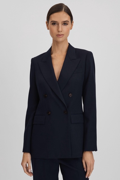 Wool Blend Double Breasted Suit Blazer in Navy