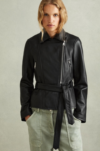 Febe Black Belted Leather Jacket