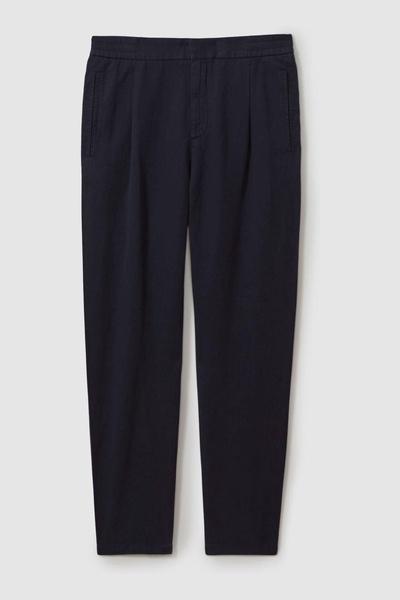 Relaxed Cotton/Linen Blend Elasticated Waist Trousers in Navy