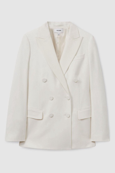 Petite Wool Blend Double Breasted Tux Blazer in White