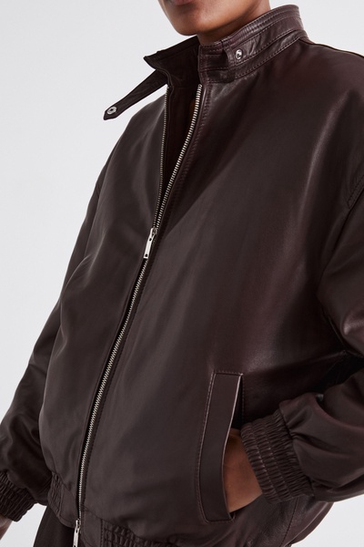 Atelier Leather Latched-Collar Bomber Jacket in Berry