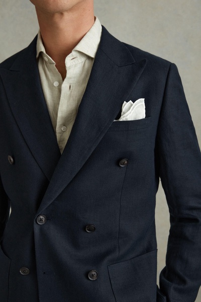 Double Breasted 100% Linen Slim Fit Blazer in Navy