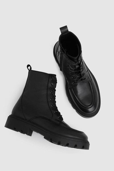 Leather Lace-Up Boots in Black