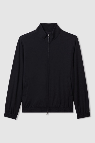 Elasticated Hem Zip-Front Bomber Jacket in Navy