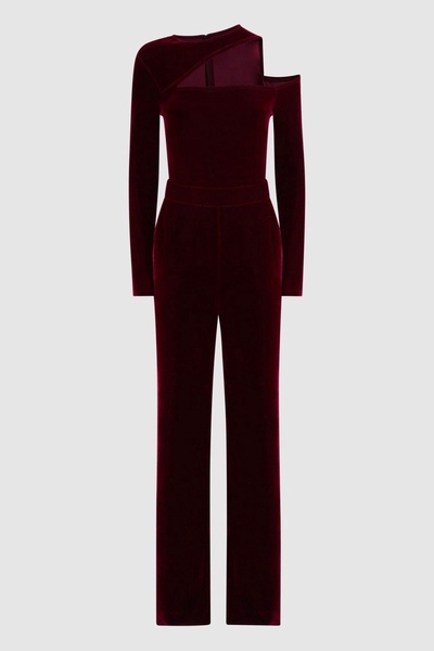 Velvet Off-The-Shoulder Jumpsuit in Berry