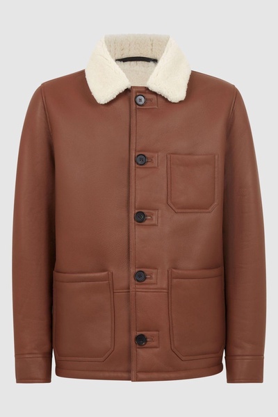 Leather Shearling Button-Through Jacket in Brown